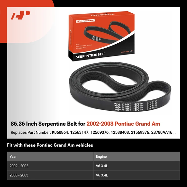 86.36 Inch Serpentine Belt for 2002-2003 Pontiac Grand Am