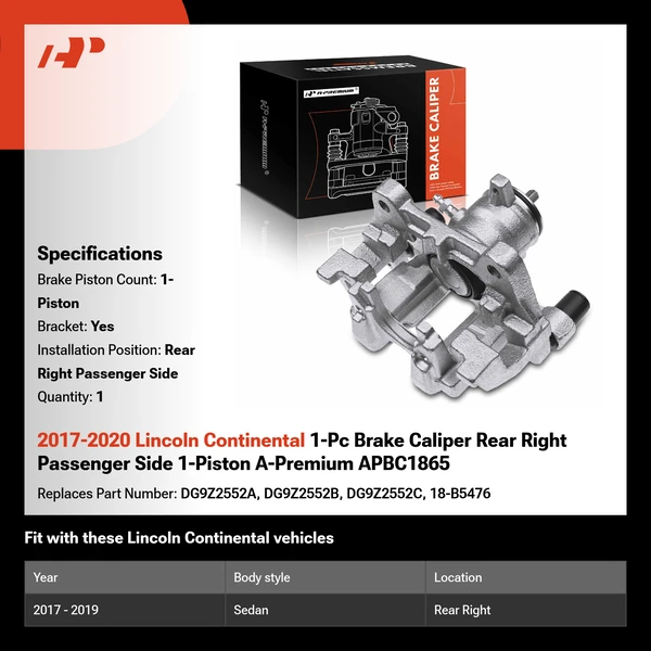 2017-2020 Lincoln Continental 1-Pc Brake Caliper Rear Right Passenger Side 1-Piston A-Premium APBC1865