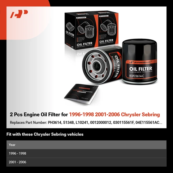 2 Pcs Engine Oil Filter for 1996-1998 2001-2006 Chrysler Sebring