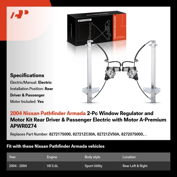 2004 Nissan Pathfinder Armada 2-Pc Window Regulator and Motor Kit Rear Driver & Passenger Electric with Motor A-Premium APWR0274
