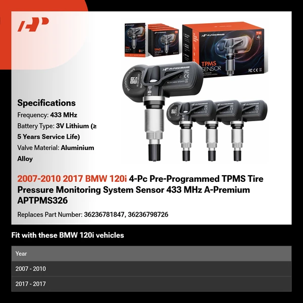 2007-2010 2017 BMW 120i 4-Pc Pre-Programmed TPMS Tire Pressure Monitoring System Sensor 433 MHz A-Premium APTPMS326
