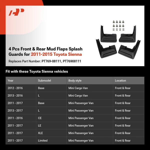4 Pcs Front & Rear Mud Flaps Splash Guards for 2011-2015 Toyota Sienna