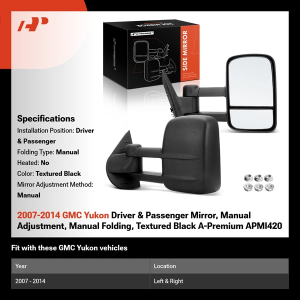 2007-2014 GMC Yukon Driver & Passenger Mirror, Manual Adjustment, Manual Folding, Textured Black A-Premium APMI420