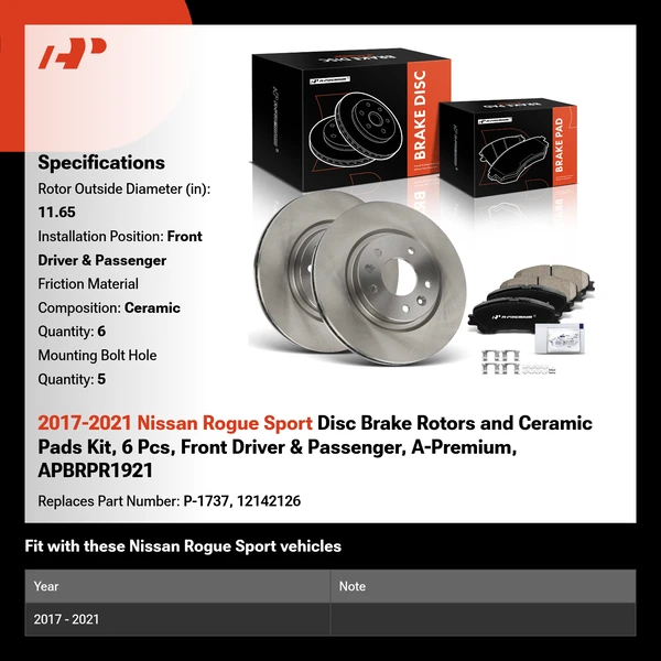 2017-2021 Nissan Rogue Sport Disc Brake Rotors and Ceramic Pads Kit, 6 Pcs, Front Driver & Passenger, A-Premium, APBRPR1921