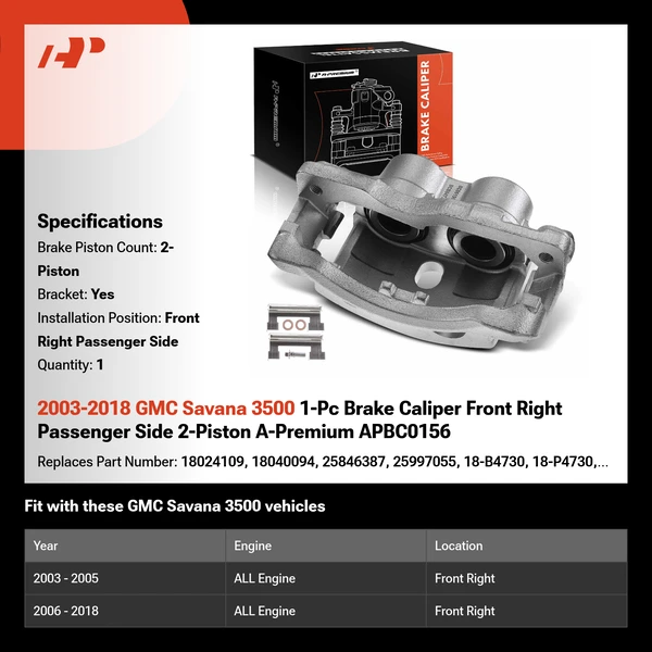 2003-2018 GMC Savana 3500 1-Pc Brake Caliper Front Right Passenger Side 2-Piston A-Premium APBC0156