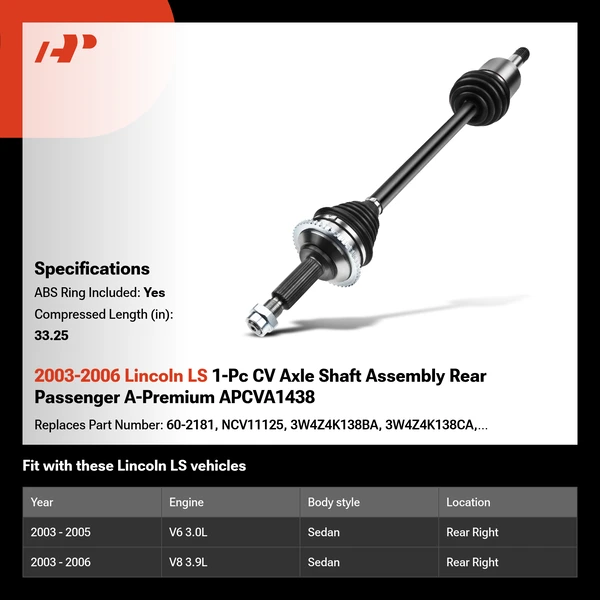 2003-2006 Lincoln LS 1-Pc CV Axle Shaft Assembly Rear Passenger A-Premium APCVA1438