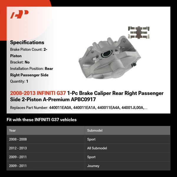 2008-2013 INFINITI G37 1-Pc Brake Caliper Rear Right Passenger Side 2-Piston A-Premium APBC0917