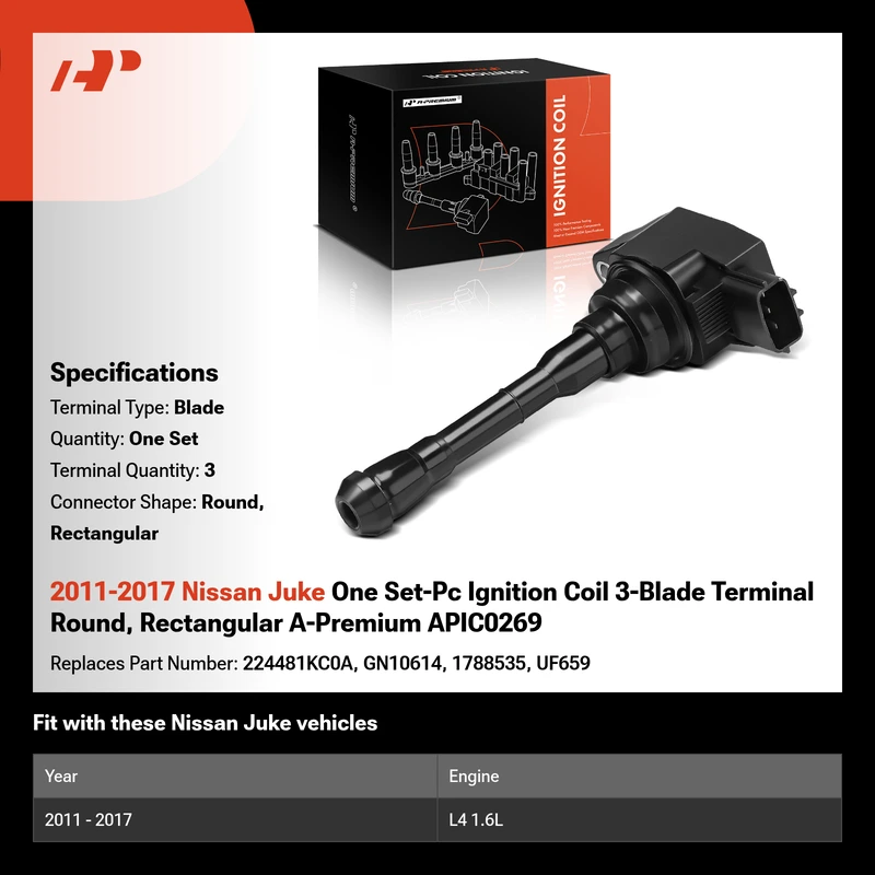 2011-2017 Nissan Juke One Set-Pc Ignition Coil 3-Blade Terminal Round, Rectangular A-Premium APIC0269