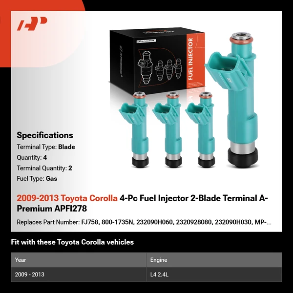 2009-2013 Toyota Corolla 4-Pc Fuel Injector 2-Blade Terminal A-Premium APFI278