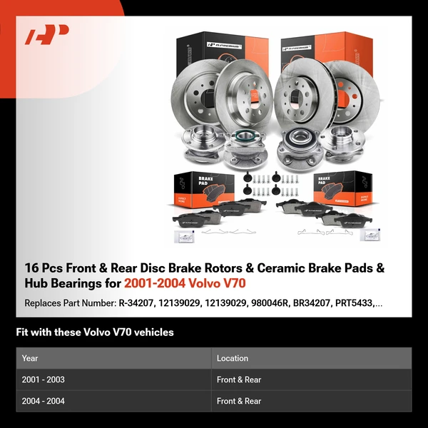 16 Pcs Front & Rear Disc Brake Rotors & Ceramic Brake Pads & Hub Bearings for 2001-2004 Volvo V70