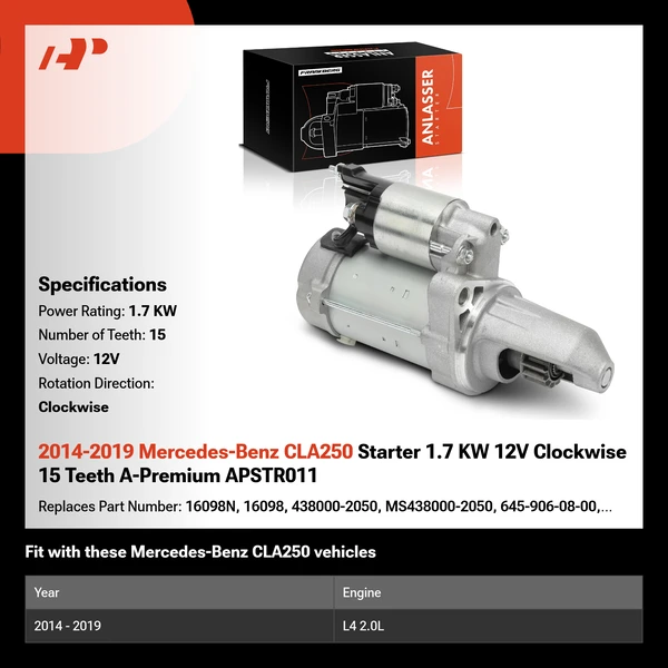2014-2019 Mercedes-Benz CLA250 Starter 1.7 KW 12V Clockwise 15 Teeth A-Premium APSTR011
