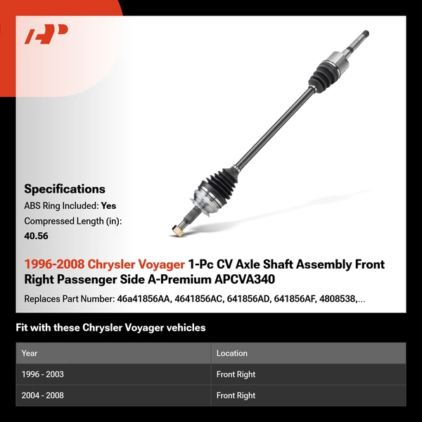 1996-2008 Chrysler Voyager 1-Pc CV Axle Shaft Assembly Front Right Passenger Side A-Premium APCVA340