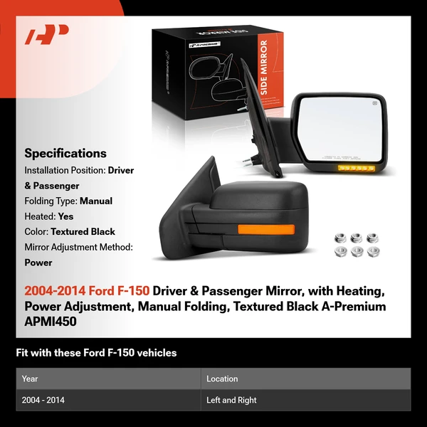 2004-2014 Ford F-150 Driver & Passenger Mirror, with Heating, Power Adjustment, Manual Folding, Textured Black A-Premium APMI450