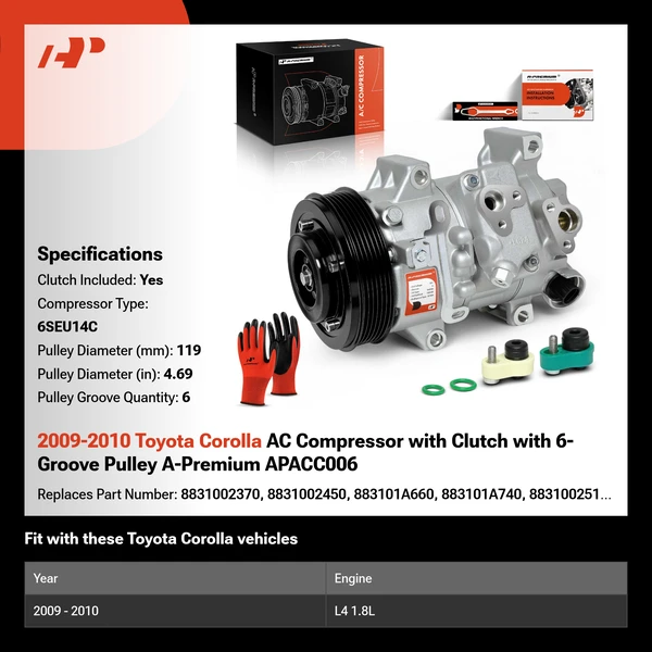2009-2010 Toyota Corolla AC Compressor with Clutch with 6-Groove Pulley A-Premium APACC006