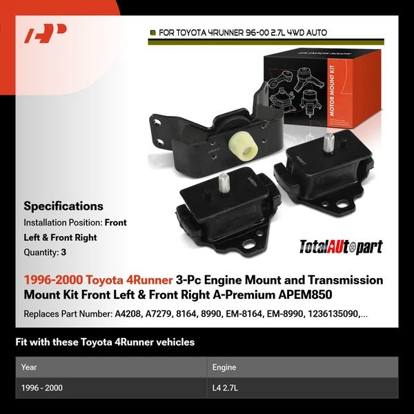 1996-2000 Toyota 4Runner 3-Pc Engine Mount and Transmission Mount Kit Front Left & Front Right A-Premium APEM850