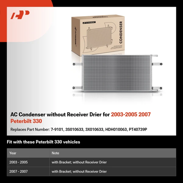 AC Condenser without Receiver Drier for 2003-2005 2007 Peterbilt 330