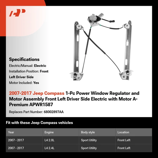 2007-2017 Jeep Compass 1-Pc Power Window Regulator and Motor Assembly Front Left Driver Side Electric with Motor A-Premium APWR1587