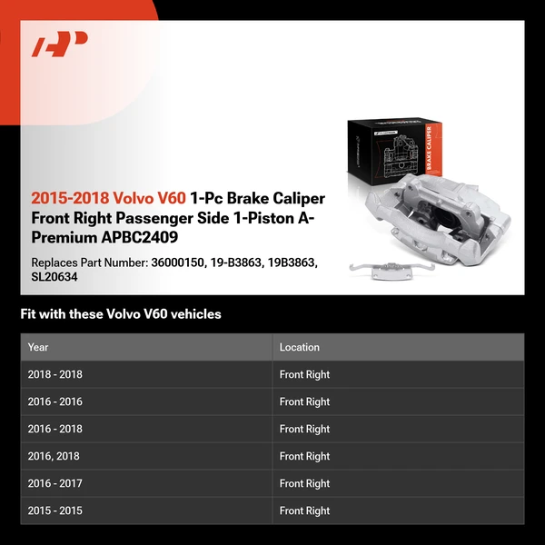 2015-2018 Volvo V60 1-Pc Brake Caliper Front Right Passenger Side 1-Piston A-Premium APBC2409