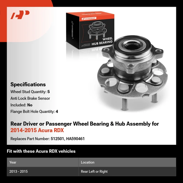Rear Driver or Passenger Wheel Bearing & Hub Assembly for 2014-2015 Acura RDX