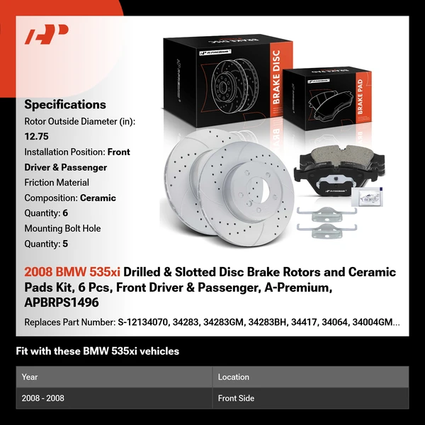 2008 BMW 535xi Drilled & Slotted Disc Brake Rotors and Ceramic Pads Kit, 6 Pcs, Front Driver & Passenger, A-Premium, APBRPS1496