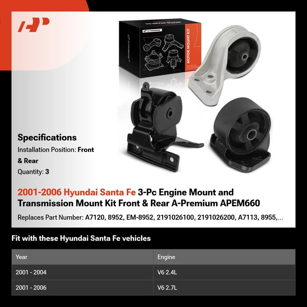 2001-2006 Hyundai Santa Fe 3-Pc Engine Mount and Transmission Mount Kit Front & Rear A-Premium APEM660