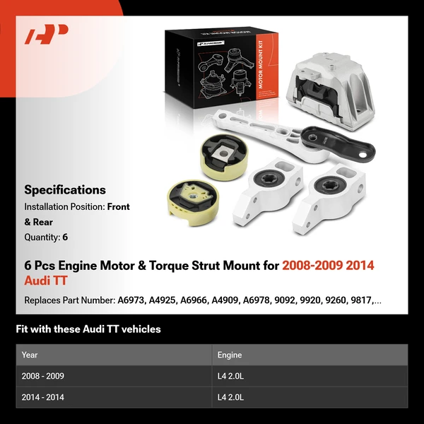 6 Pcs Engine Motor & Torque Strut Mount for 2008-2009 2014 Audi TT