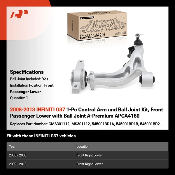 2008-2013 INFINITI G37 1-Pc Control Arm and Ball Joint Kit, Front Passenger Lower with Ball Joint A-Premium APCA4160