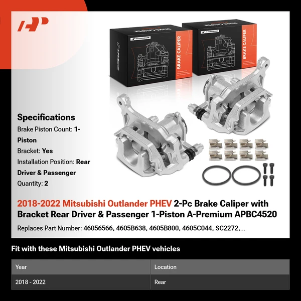 2018-2022 Mitsubishi Outlander PHEV 2-Pc Brake Caliper with Bracket Rear Driver & Passenger 1-Piston A-Premium APBC4520