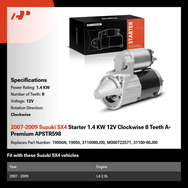 2007-2009 Suzuki SX4 Starter 1.4 KW 12V Clockwise 8 Teeth A-Premium APSTR598