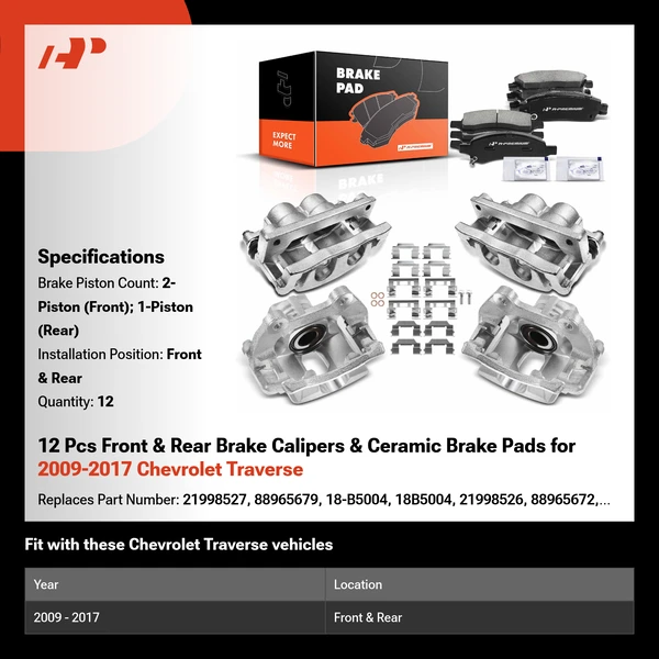 12 Pcs Front & Rear Brake Calipers & Ceramic Brake Pads for 2009-2017 Chevrolet Traverse
