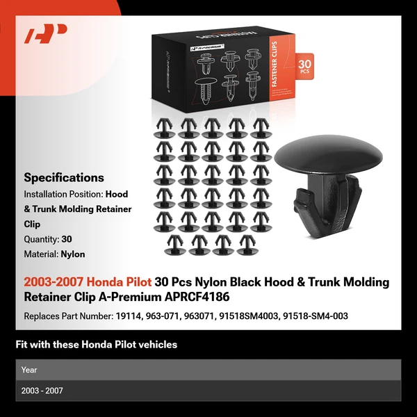 2003-2007 Honda Pilot 30 Pcs Nylon Black Hood & Trunk Molding Retainer Clip A-Premium APRCF4186
