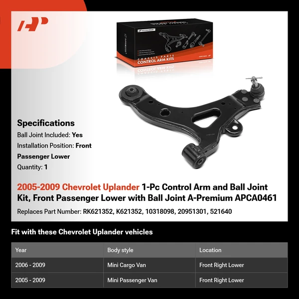 2005-2009 Chevrolet Uplander 1-Pc Control Arm and Ball Joint Kit, Front Passenger Lower with Ball Joint A-Premium APCA0461