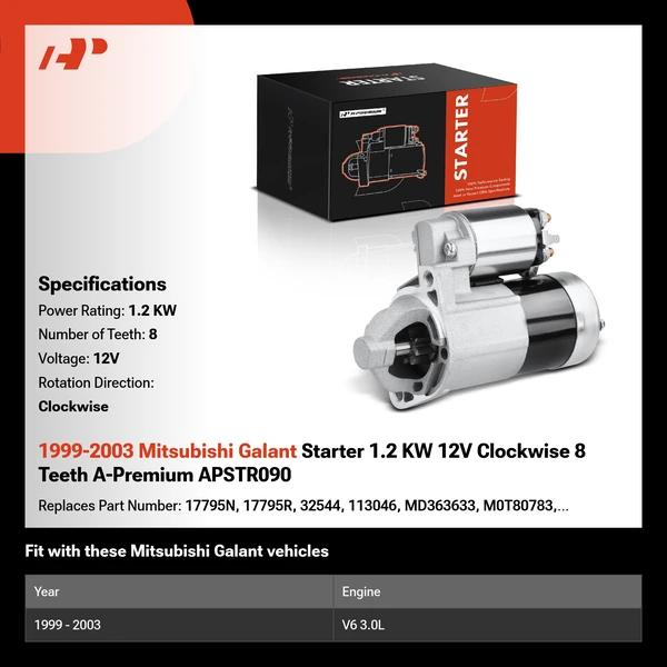 1999-2003 Mitsubishi Galant Starter 1.2 KW 12V Clockwise 8 Teeth A-Premium APSTR090