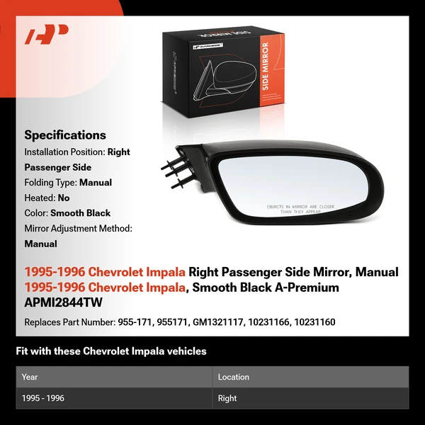 1995-1996 Chevrolet Impala Right Passenger Side Mirror, Manual 1995-1996 Chevrolet Impala, Smooth Black A-Premium APMI2844TW