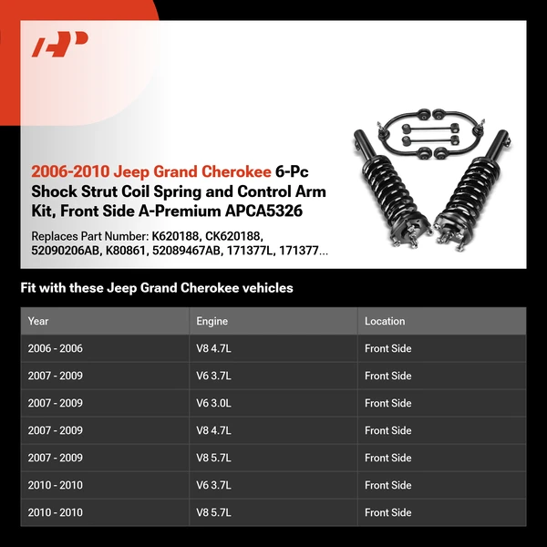 2006-2010 Jeep Grand Cherokee 6-Pc Shock Strut Coil Spring and Control Arm Kit, Front Side A-Premium APCA5326