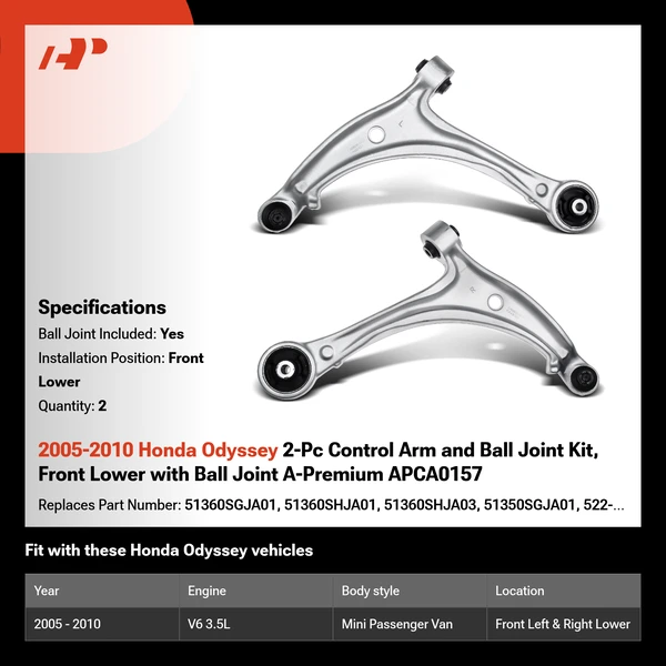 2005-2010 Honda Odyssey 2-Pc Control Arm and Ball Joint Kit, Front Lower with Ball Joint A-Premium APCA0157