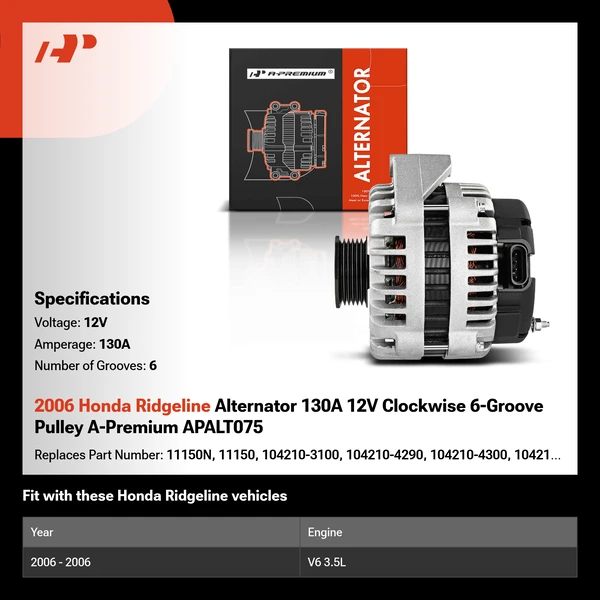 2006 Honda Ridgeline Alternator 130A 12V Clockwise 6-Groove Pulley A-Premium APALT075
