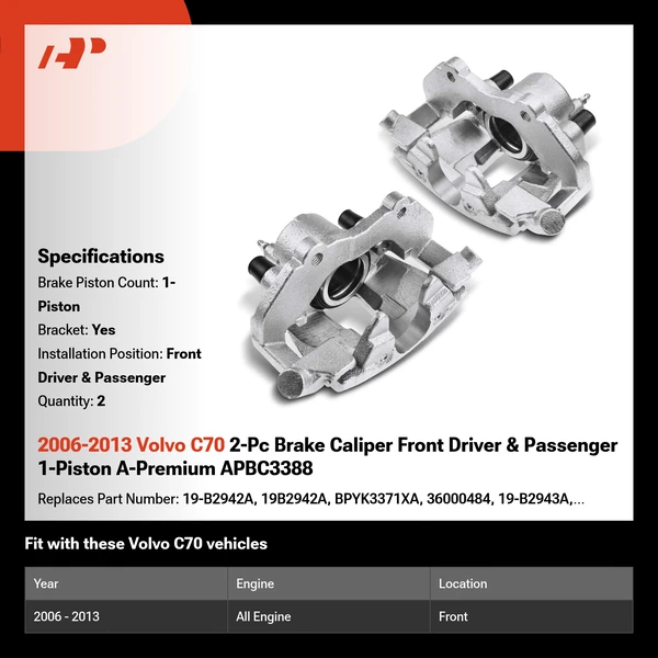 2006-2013 Volvo C70 2-Pc Brake Caliper Front Driver & Passenger 1-Piston A-Premium APBC3388
