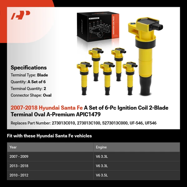 2007-2018 Hyundai Santa Fe A Set of 6-Pc Ignition Coil 2-Blade Terminal Oval A-Premium APIC1479