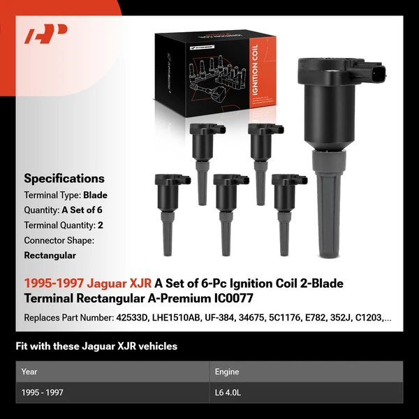 1995-1997 Jaguar XJR A Set of 6-Pc Ignition Coil 2-Blade Terminal Rectangular A-Premium IC0077