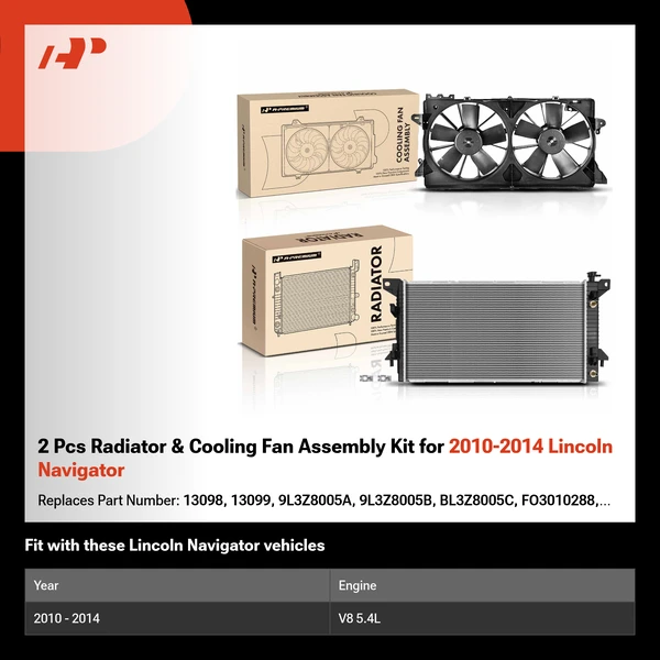 2 Pcs Radiator & Cooling Fan Assembly Kit for 2010-2014 Lincoln Navigator
