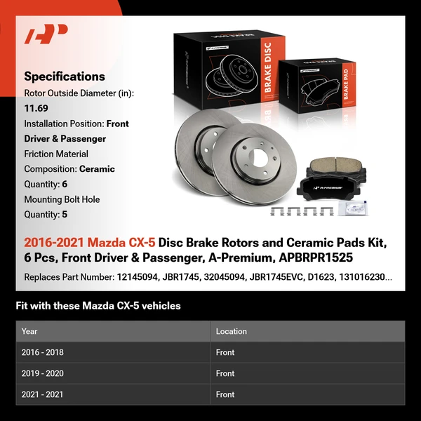2016-2021 Mazda CX-5 Disc Brake Rotors and Ceramic Pads Kit, 6 Pcs, Front Driver & Passenger, A-Premium, APBRPR1525