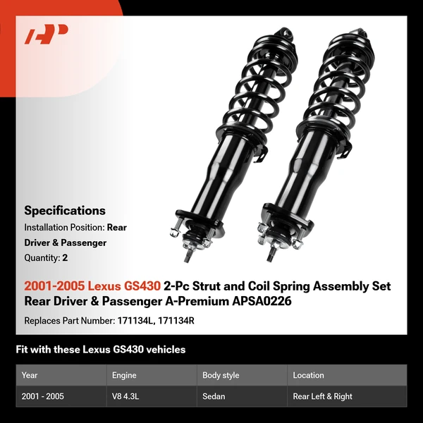 2001-2005 Lexus GS430 2-Pc Strut and Coil Spring Assembly Set Rear Driver & Passenger A-Premium APSA0226