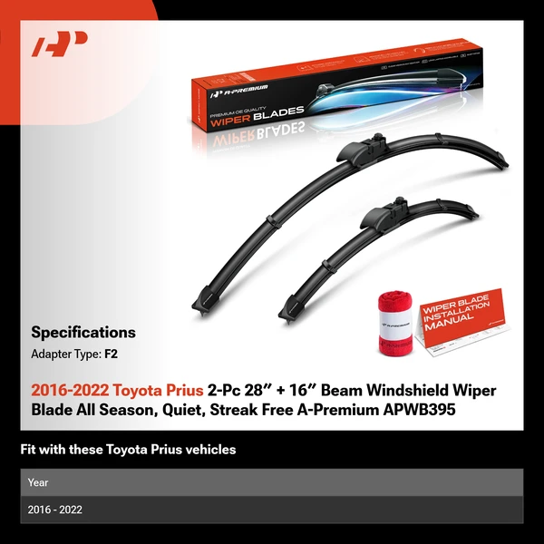 2016-2022 Toyota Prius 2-Pc 28″ + 16″ Beam Windshield Wiper Blade All Season, Quiet, Streak Free A-Premium APWB395