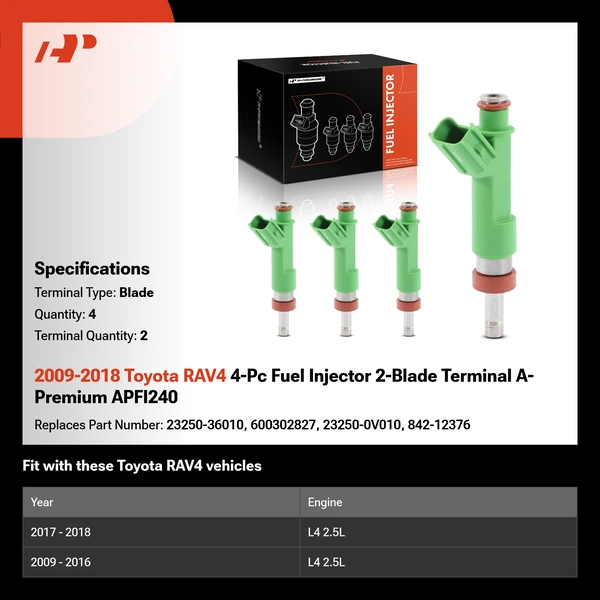 2009-2018 Toyota RAV4 4-Pc Fuel Injector 2-Blade Terminal A-Premium APFI240