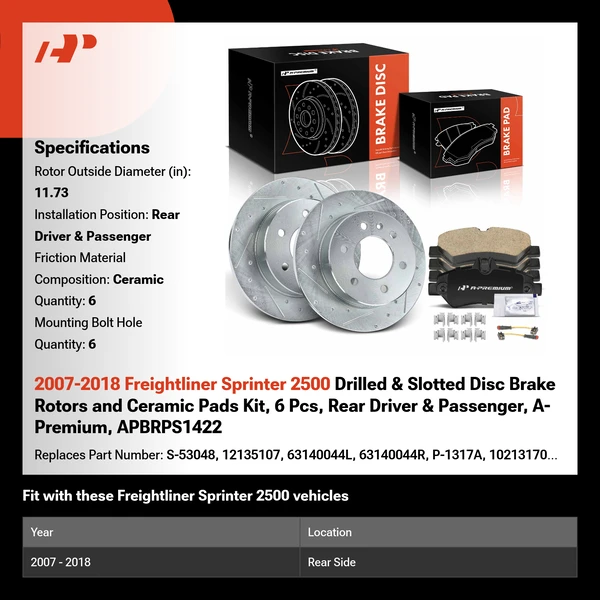 2007-2018 Freightliner Sprinter 2500 Drilled & Slotted Disc Brake Rotors and Ceramic Pads Kit, 6 Pcs, Rear Driver & Passenger, A-Premium, APBRPS1422