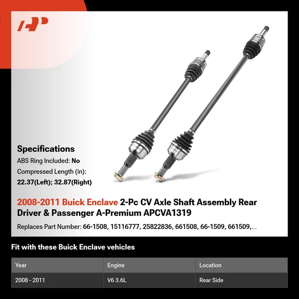2008-2011 Buick Enclave 2-Pc CV Axle Shaft Assembly Rear Driver & Passenger A-Premium APCVA1319