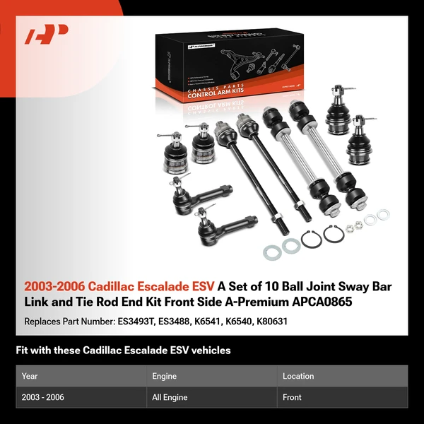 2003-2006 Cadillac Escalade ESV A Set of 10 Ball Joint Sway Bar Link and Tie Rod End Kit Front Side A-Premium APCA0865