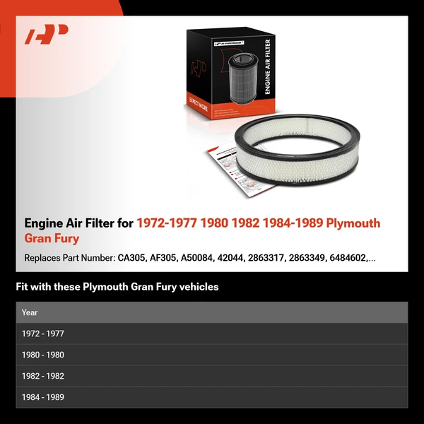Engine Air Filter for 1972-1977 1980 1982 1984-1989 Plymouth Gran Fury