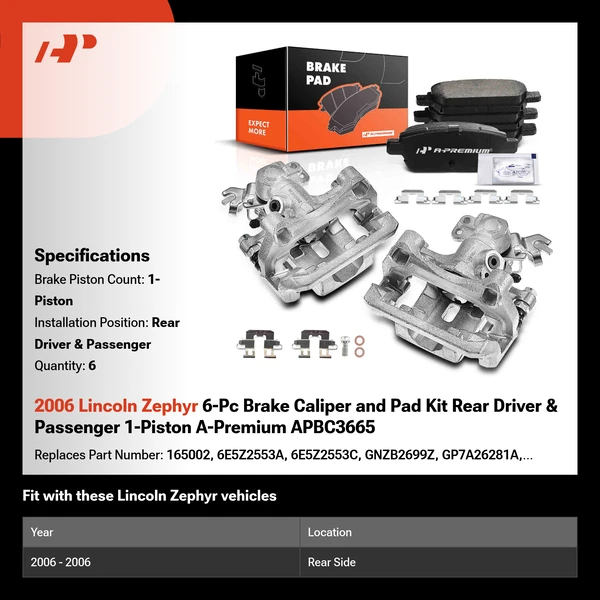 2006 Lincoln Zephyr 6-Pc Brake Caliper and Pad Kit Rear Driver & Passenger 1-Piston A-Premium APBC3665